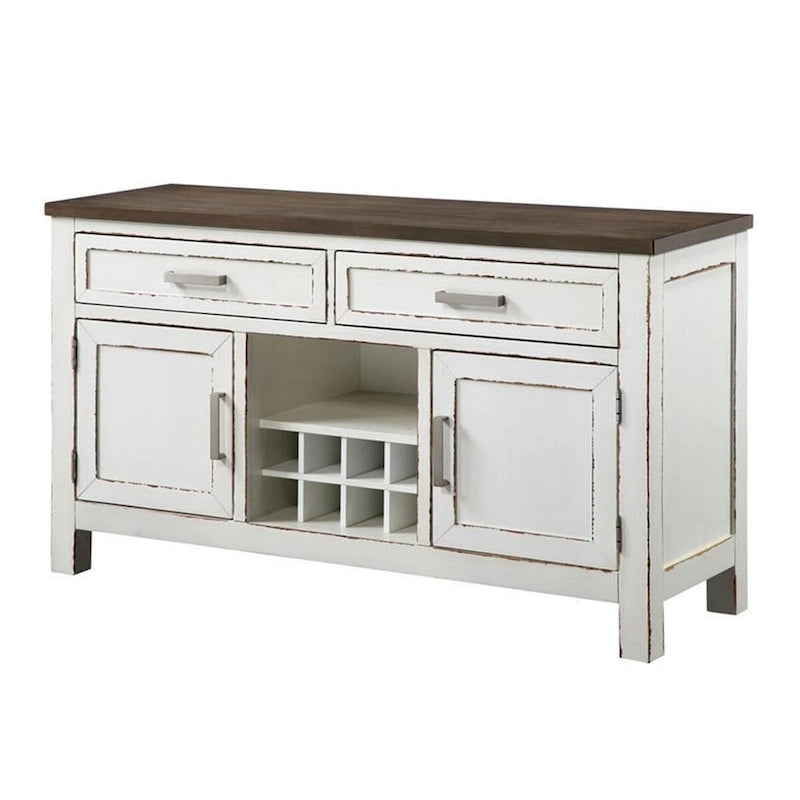 Ben 54 Inch Buffet Server, Brown Top, 2 Drawers, Wine Rack, Weathered White