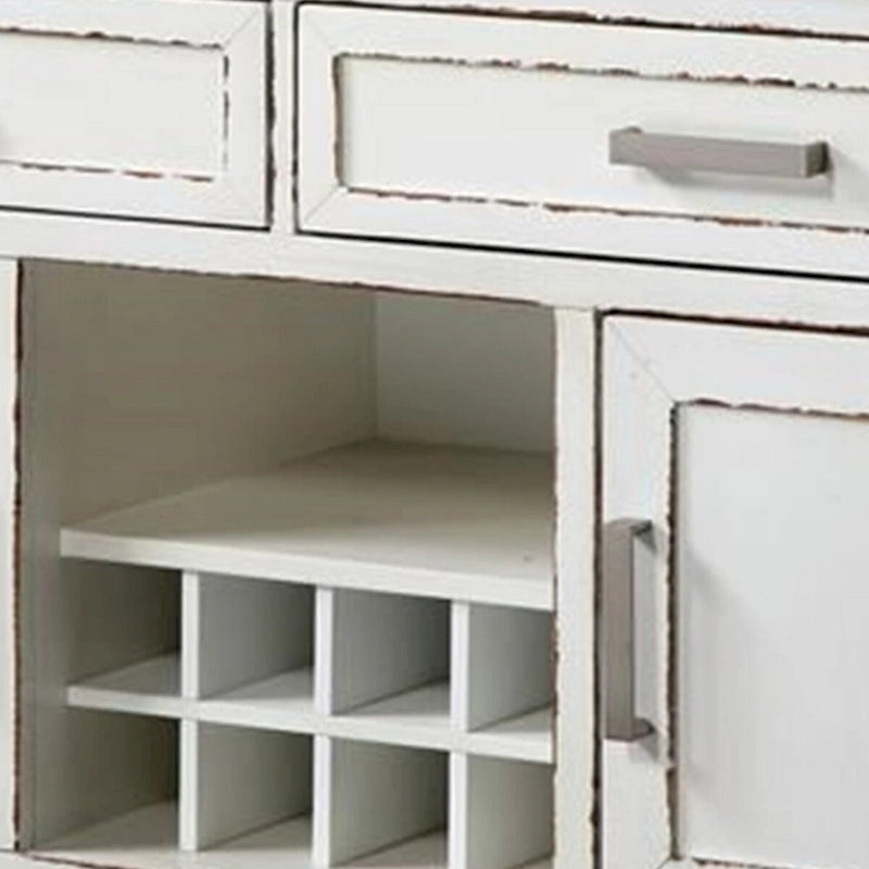 Ben 54 Inch Buffet Server, Brown Top, 2 Drawers, Wine Rack, Weathered White