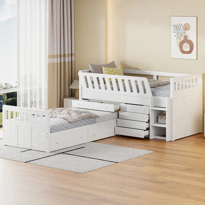 L-shaped Space-Saving Loft and Platform Bed with 7 Drawers and Full Guardrails