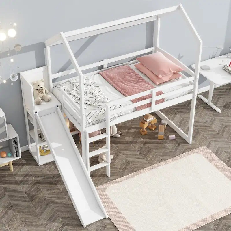 Merax Twin Size Wood House Loft bed with Slide