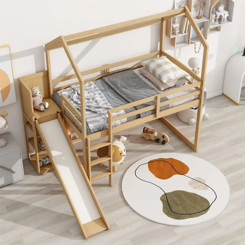 Merax Twin Size Wood House Loft bed with Slide