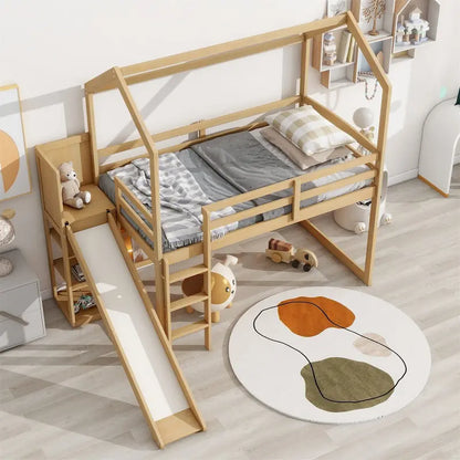 Merax Twin Size Wood House Loft bed with Slide