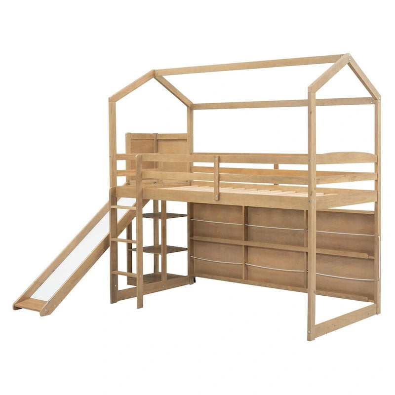 Merax Twin Size Wood House Loft bed with Slide
