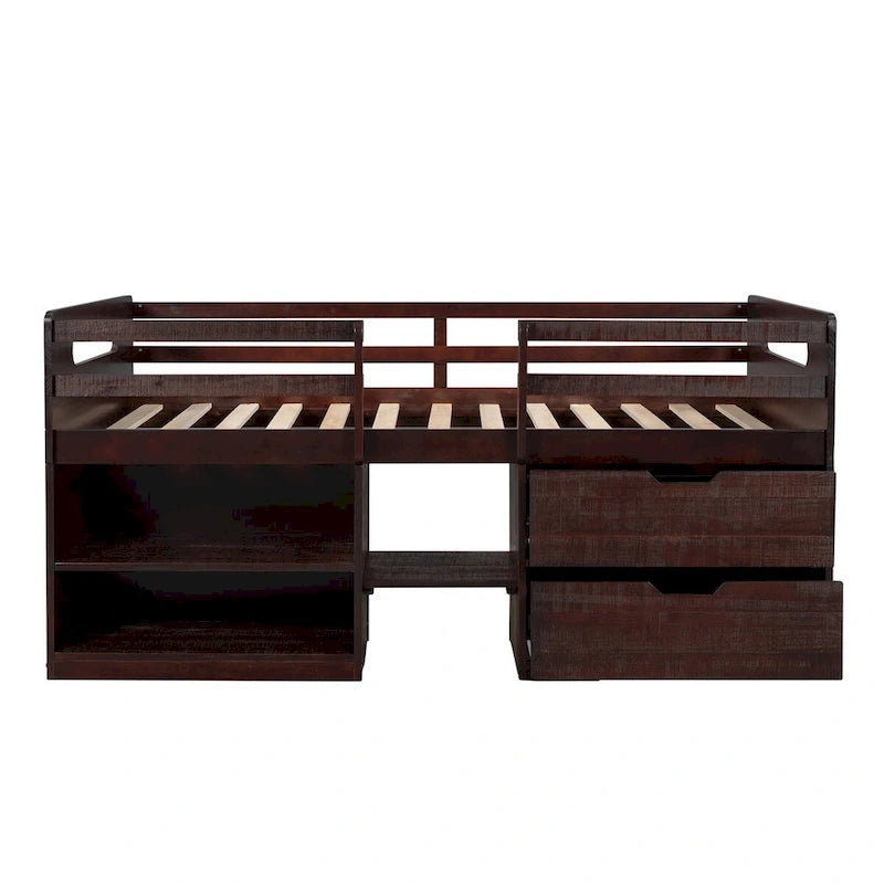 Solid Wood Twin Size Loft Bed with Dual Shelves and Two Drawers for Storage