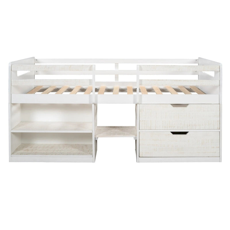 Solid Wood Twin Size Loft Bed with Dual Shelves and Two Drawers for Storage