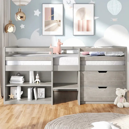 Solid Wood Twin Size Loft Bed with Dual Shelves and Two Drawers for Storage