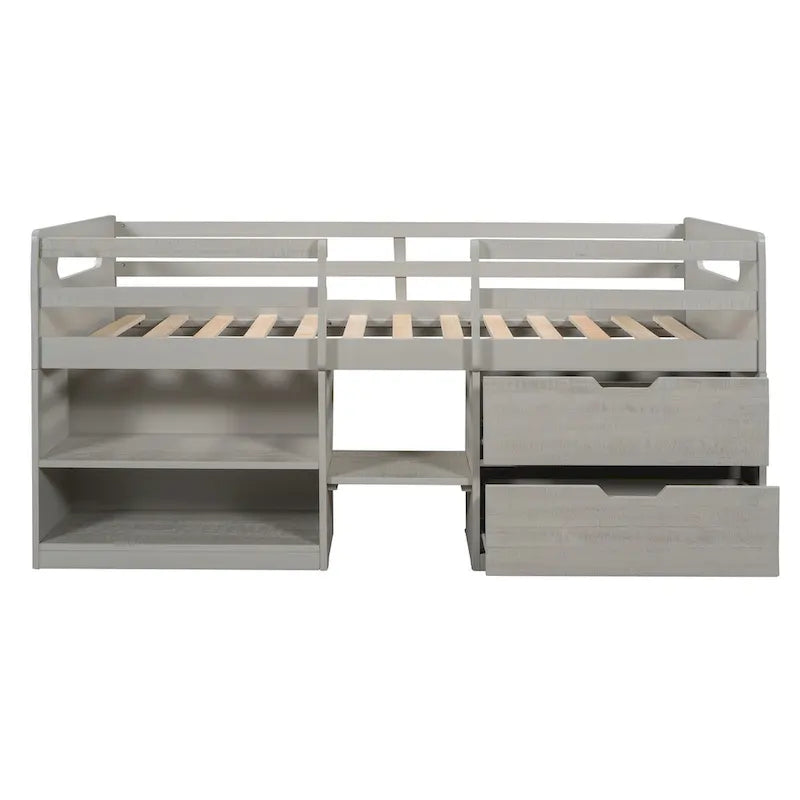 Solid Wood Twin Size Loft Bed with Dual Shelves and Two Drawers for Storage