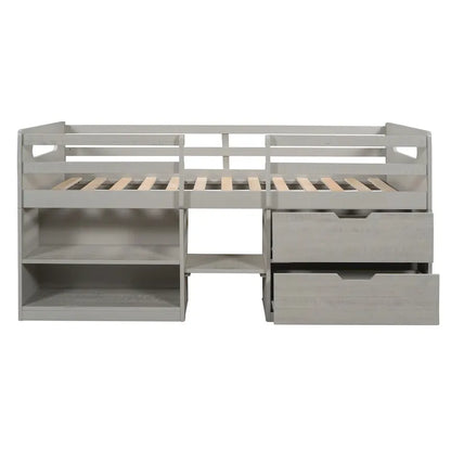 Solid Wood Twin Size Loft Bed with Dual Shelves and Two Drawers for Storage