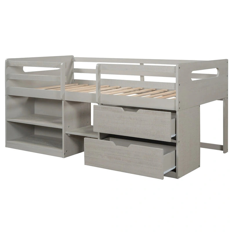 Solid Wood Twin Size Loft Bed with Dual Shelves and Two Drawers for Storage