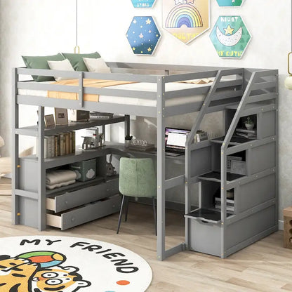 Gray Pine Loft Bed with Desk, Shelves, Storage Drawers, Storage Staircase
