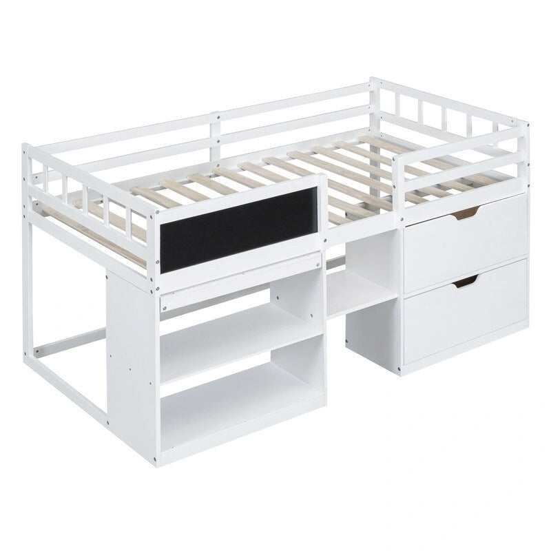 Twin Size Low Loft Bed with Rolling Desk, Shelf and Drawers