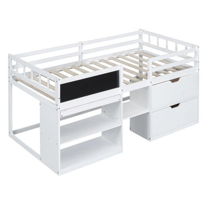 Twin Size Low Loft Bed with Rolling Desk, Shelf and Drawers