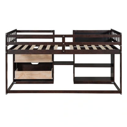 Twin Size Low Loft Bed with Rolling Desk, Shelf and Drawers