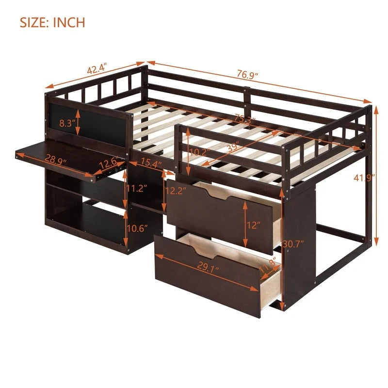 Twin Size Low Loft Bed with Rolling Desk, Shelf and Drawers