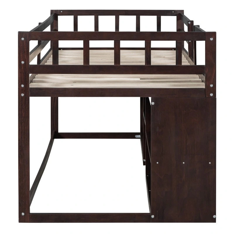 Twin Size Low Loft Bed with Rolling Desk, Shelf and Drawers