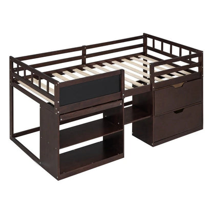 Twin Size Low Loft Bed with Rolling Desk, Shelf and Drawers