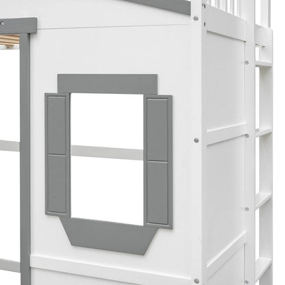 Twin Size Wooden House Loft Bed With Ladder