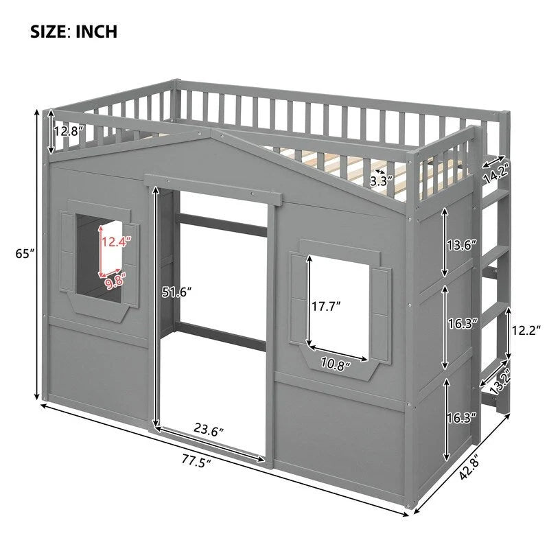 Twin Size Wooden House Loft Bed With Ladder
