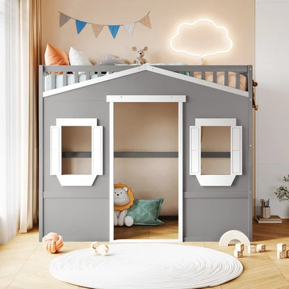 Twin Size Wooden House Loft Bed With Ladder