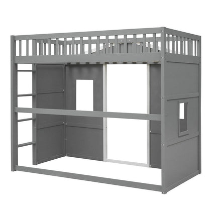 Twin Size Wooden House Loft Bed With Ladder