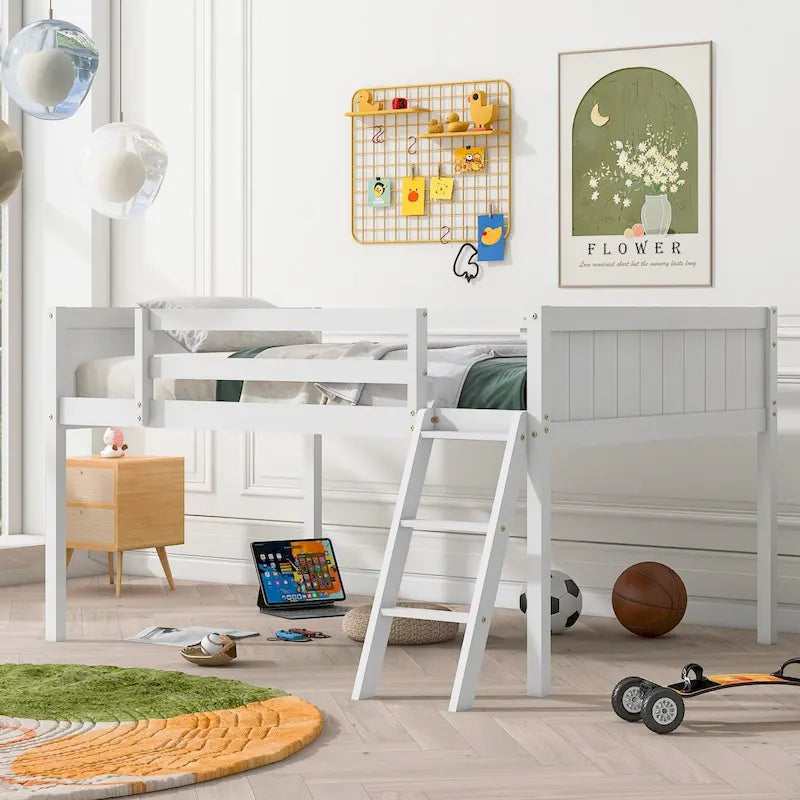 Harper&Bright Designs Wood Low Loft Bed with Convertable Ladder