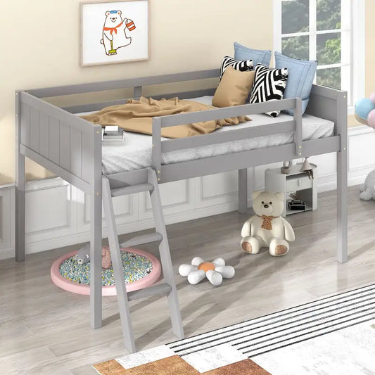 Harper&Bright Designs Wood Low Loft Bed with Convertable Ladder