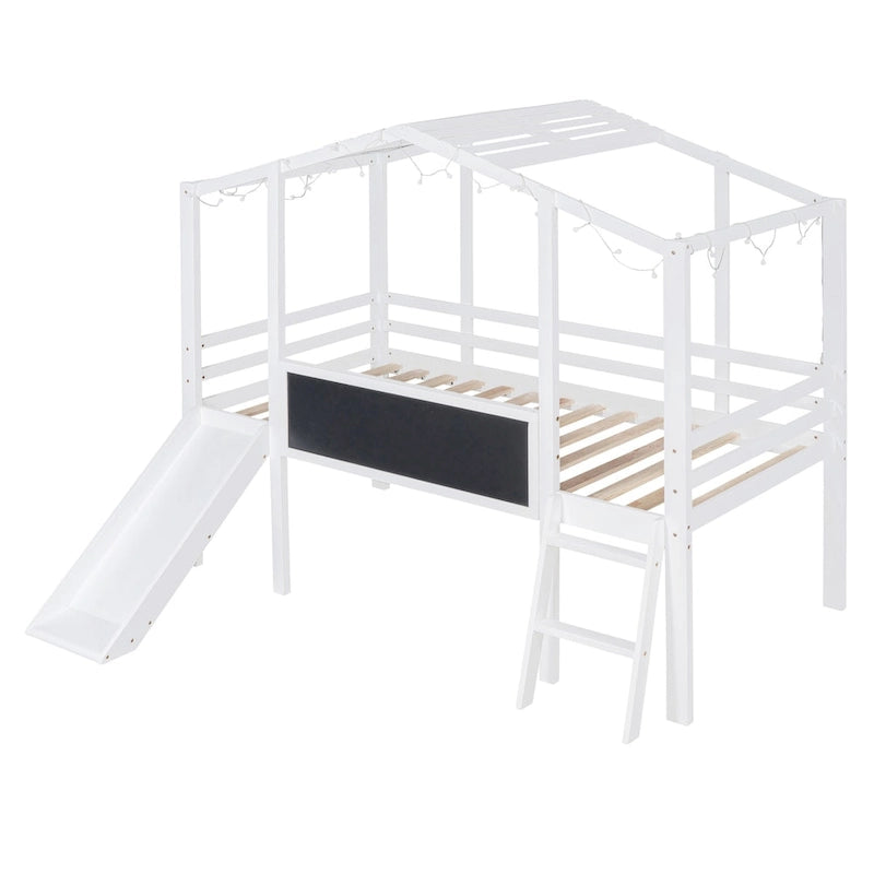 Twin Size Loft Bed with Ladder and Slide, House Bed with Blackboard