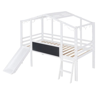 Twin Size Loft Bed with Ladder and Slide, House Bed with Blackboard
