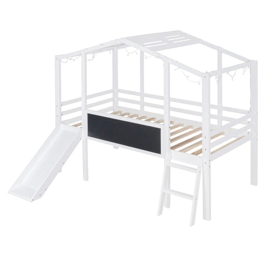 Twin Size Loft Bed with Ladder and Slide, House Bed with Blackboard