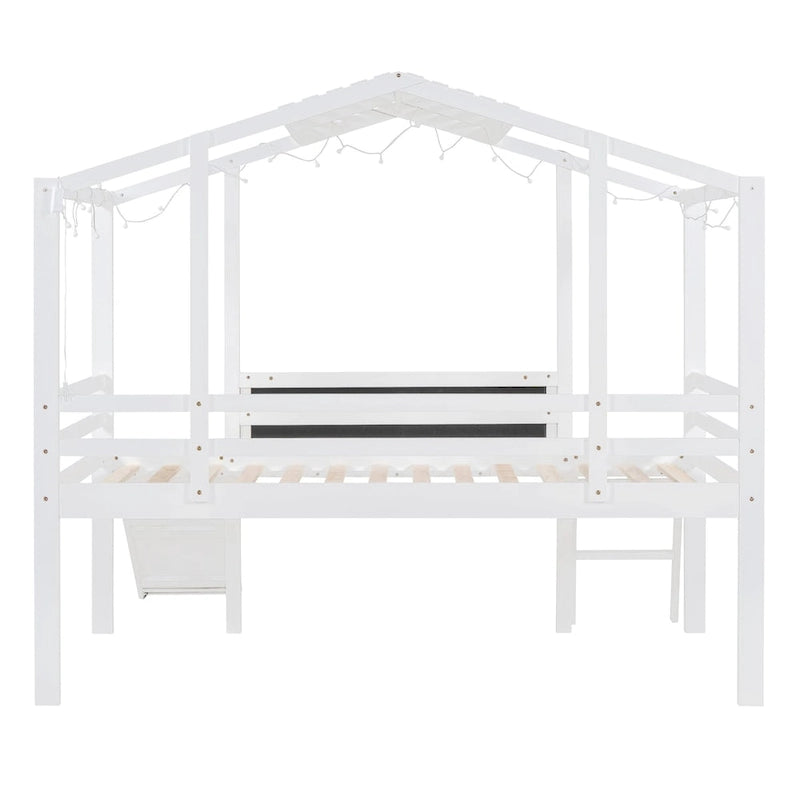 Twin Size Loft Bed with Ladder and Slide, House Bed with Blackboard