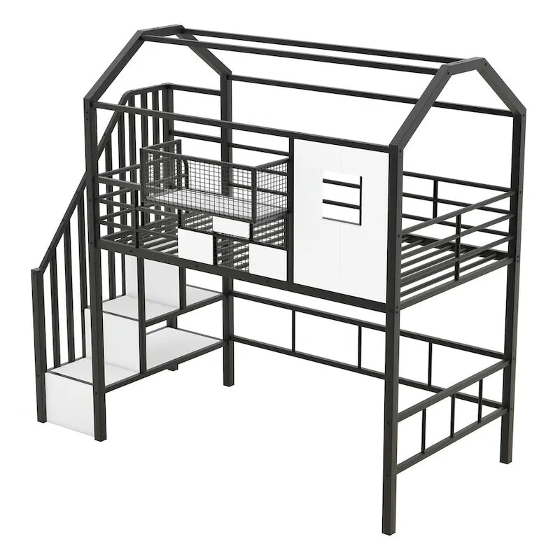 Twin Size Metal Loft Bed with Roof Design and Integrated Storage Box