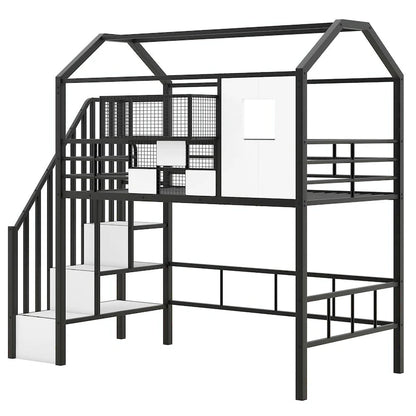 Twin Size Metal Loft Bed with Roof Design and Integrated Storage Box
