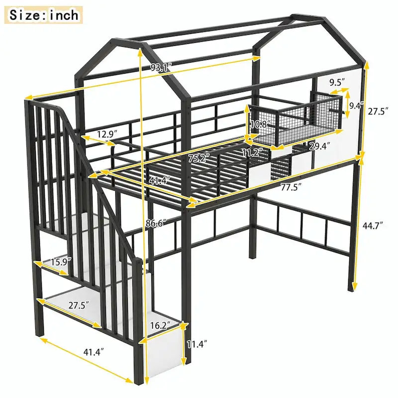 Twin Size Metal Loft Bed with Roof Design and Integrated Storage Box