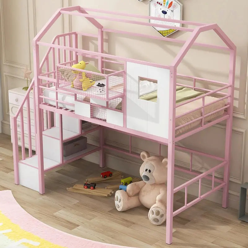 Twin Size Metal Loft Bed with Roof Design and Integrated Storage Box
