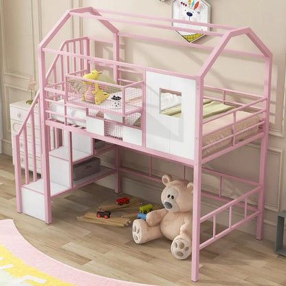 Twin Size Metal Loft Bed with Roof Design and Integrated Storage Box