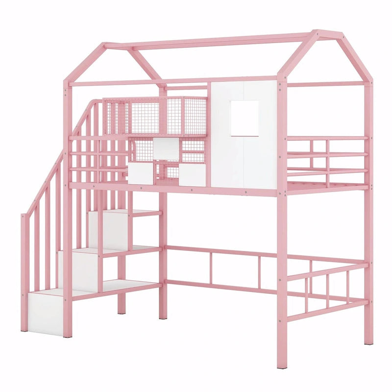 Twin Size Metal Loft Bed with Roof Design and Integrated Storage Box
