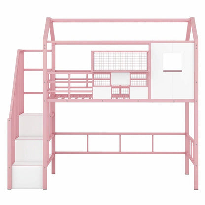 Twin Size Metal Loft Bed with Roof Design and Integrated Storage Box