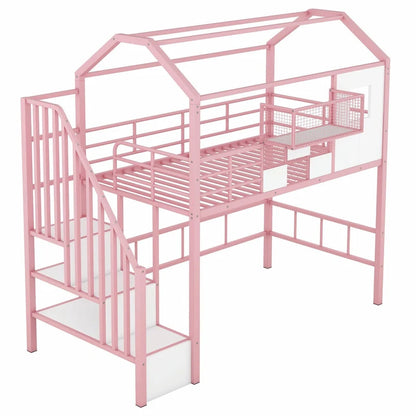 Twin Size Metal Loft Bed with Roof Design and Integrated Storage Box