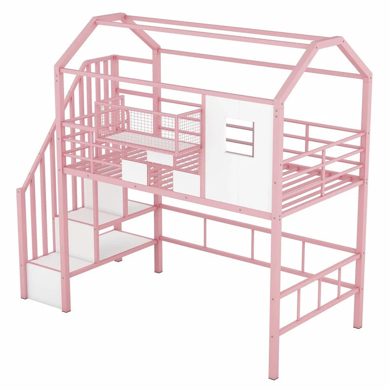Twin Size Metal Loft Bed with Roof Design and Integrated Storage Box