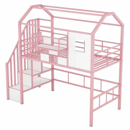 Twin Size Metal Loft Bed with Roof Design and Integrated Storage Box