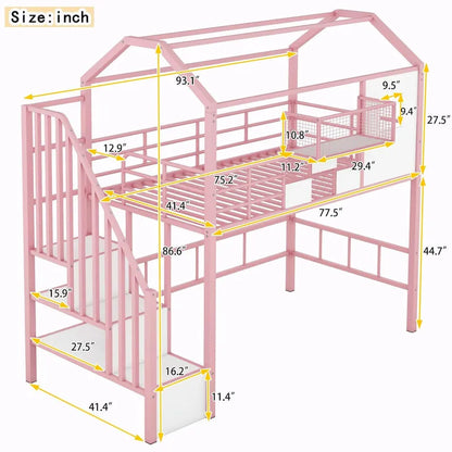 Twin Size Metal Loft Bed with Roof Design and Integrated Storage Box