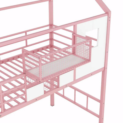 Twin Size Metal Loft Bed with Roof Design and Integrated Storage Box