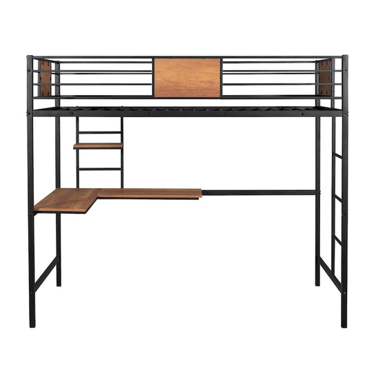 Metal Loft Bed Twin Size with Desk and Shelves