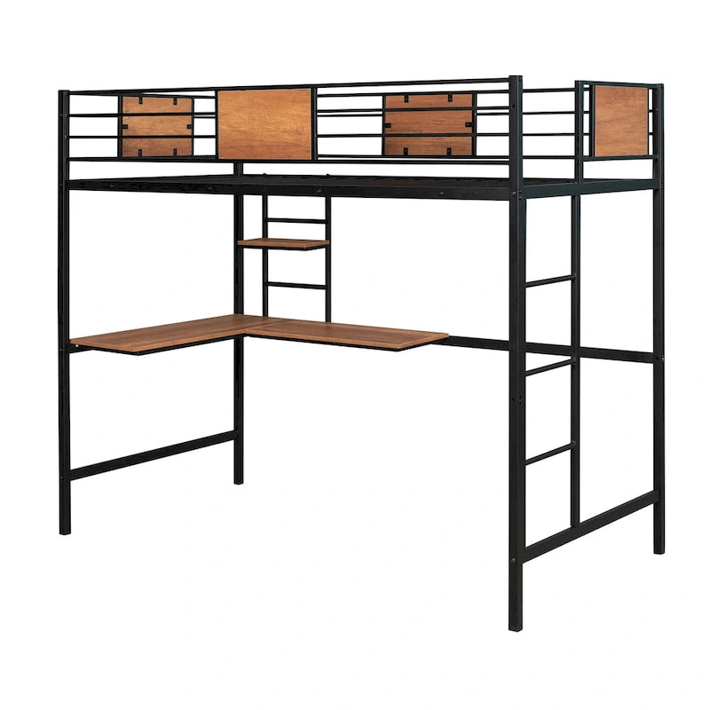 Metal Loft Bed Twin Size with Desk and Shelves