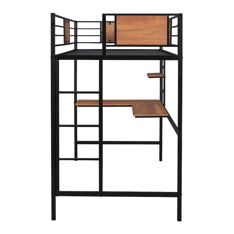 Metal Loft Bed Twin Size with Desk and Shelves