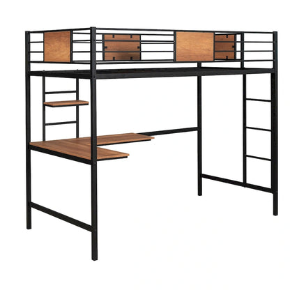 Metal Loft Bed Twin Size with Desk and Shelves