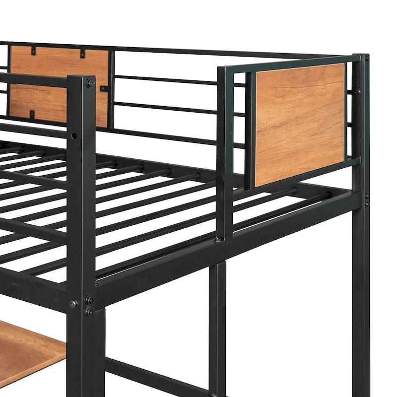 Metal Loft Bed Twin Size with Desk and Shelves