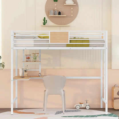 Metal Loft Bed Twin Size with Desk and Shelves