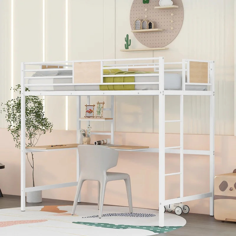 Metal Loft Bed Twin Size with Desk and Shelves