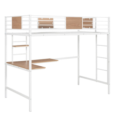 Metal Loft Bed Twin Size with Desk and Shelves